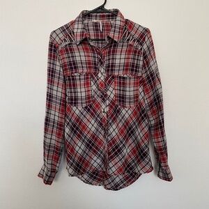 Free People Shirt Women's XS Purple Red Multi Plaid Stitch Detail Flannel Boho